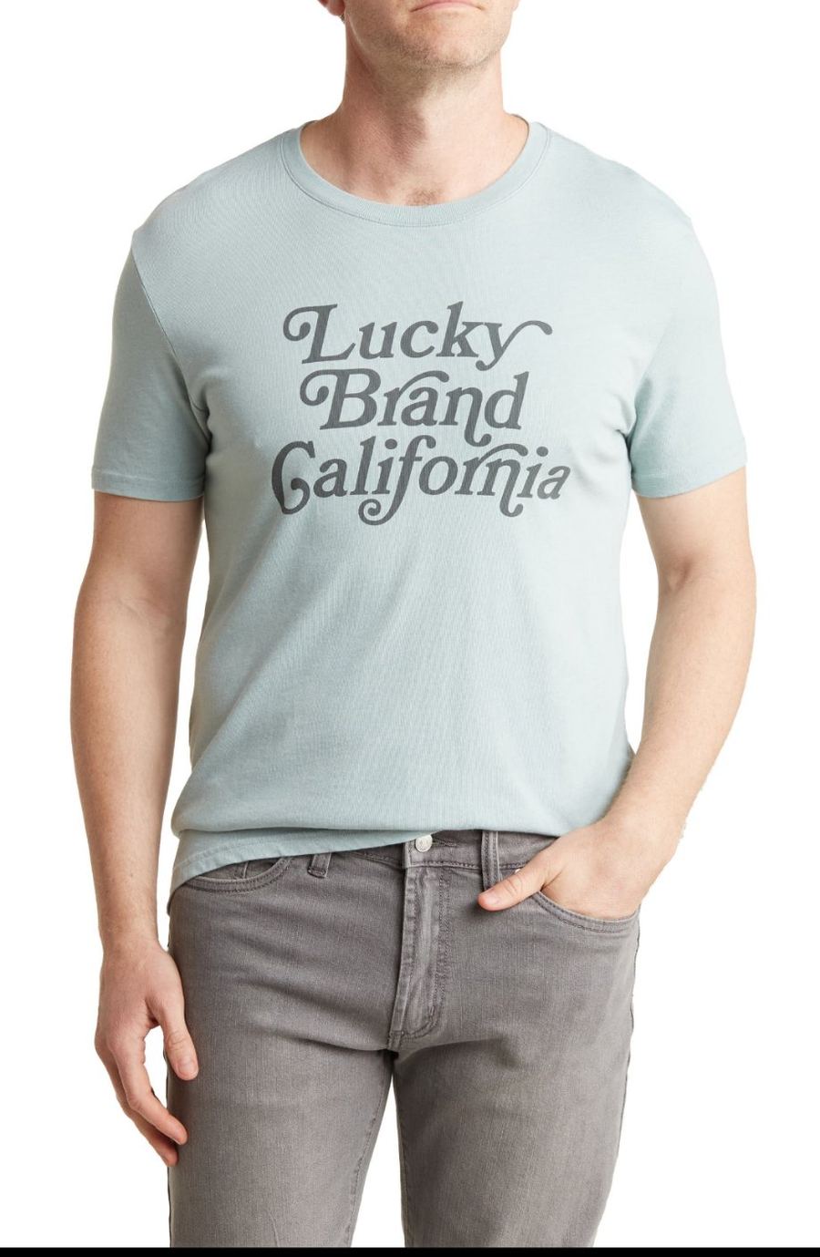 Joe Cummings modeling a Lucky Brand California graphic tee and jeans, e-commerce fit photo