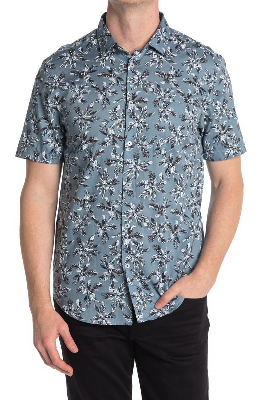 Joe Cummings modeling a palm print camp shirt, e-commerce fit photo