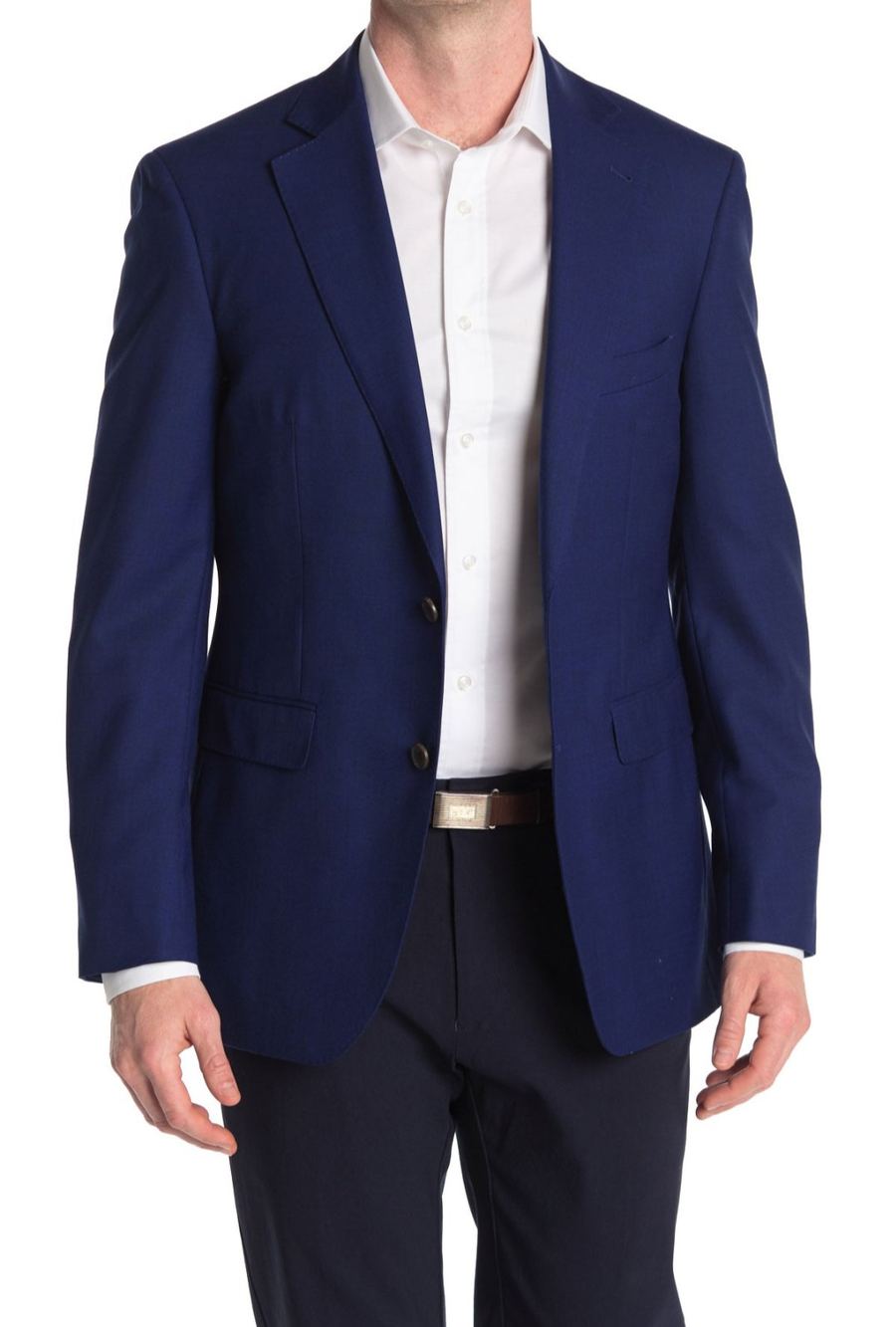 Joe Cummings modeling a navy blazer, e-commerce fit photo